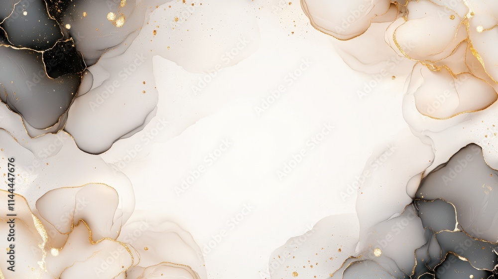 Poster a soft, abstract design featuring flowing colors of cream, black, and gold, creating an elegant fram