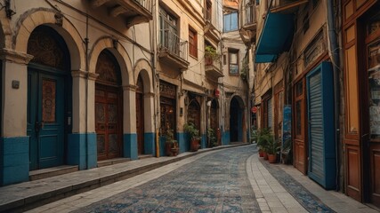 Obraz premium A narrow, curving street in a historic neighborhood, lined with aged buildings featuring arched doorways and blue accents. The pathway is paved with patterned stones, creating a captivating scene.