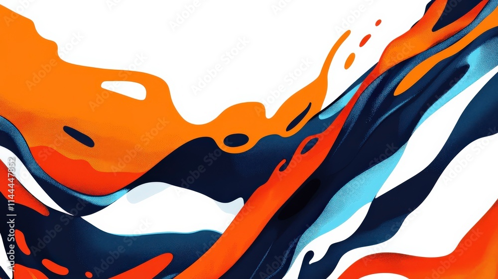 Poster vibrant flowing abstract art design featuring shades of orange, blue, and white creating a dynamic v