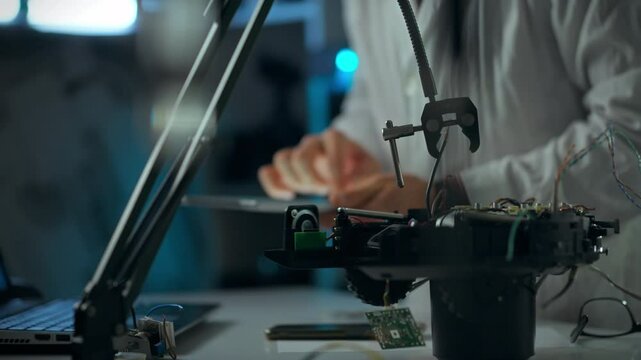 A researcher examines robotic parts and components on a workbench equipped with tools and technology. The environment is a modern laboratory designed for innovation and experimentation