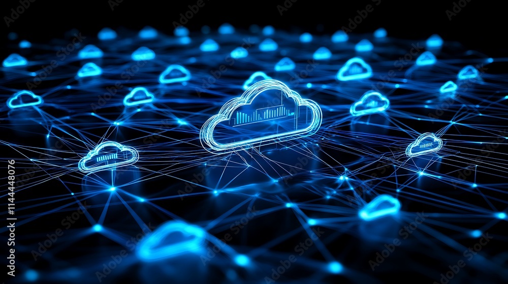 Poster advanced cloud computing concept with data streams and digital networks representing technology