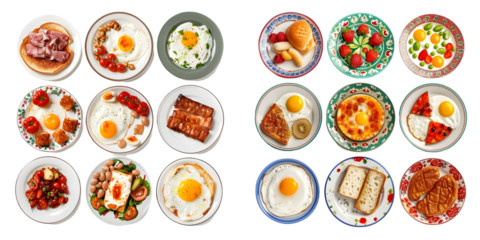 Set of various english breakfast plates isolated top view isolated on a white background. Generative AI.