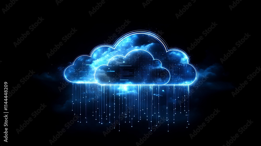 Poster advanced cloud computing concept with data streams and digital networks representing technology