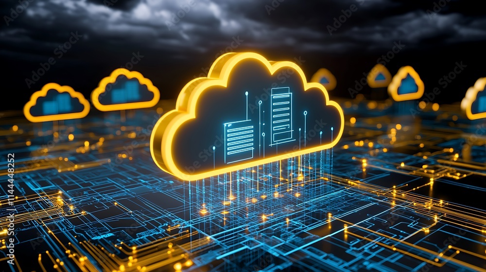 Poster advanced cloud computing concept with data streams and digital networks representing technology