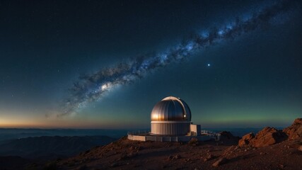 A majestic observatory stands silhouetted against a breathtaking night sky, the Milky Way stretching across the heavens in a vibrant display of cosmic beauty.