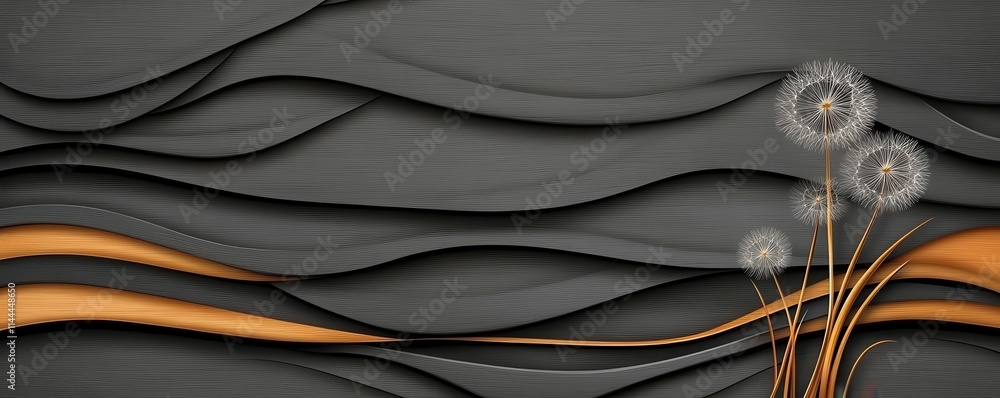 Poster a serene abstract design featuring flowing waves in gray and orange tones, adorned with delicate dan