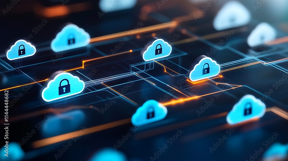 Poster secure cloud storage concept with digital lock symbols representing data protection