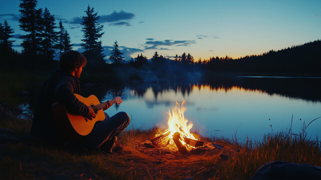 焚き火のそばでギターを弾く男性と夜空