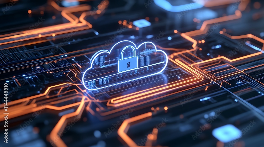 Poster secure cloud storage concept with digital lock symbols representing data protection