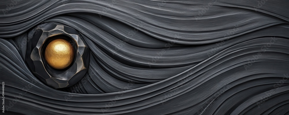 Poster a textured black surface with flowing lines and a prominent golden sphere nestled within a metallic 