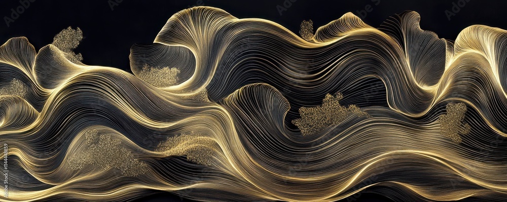 Poster a mesmerizing abstract wave pattern in gold and black, showcasing fluid lines and dynamic movement, 