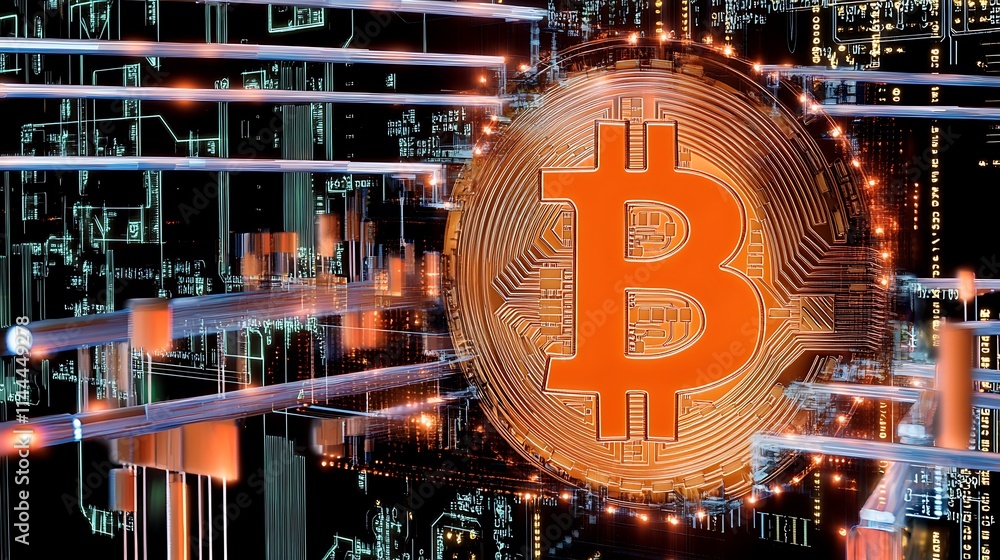 Poster innovative bitcoin cryptocurrency concept with digital background and blockchain technology