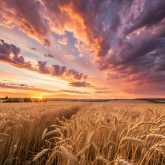 Obraz premium Golden Wheatfield at Sunset with Vibrant Sky