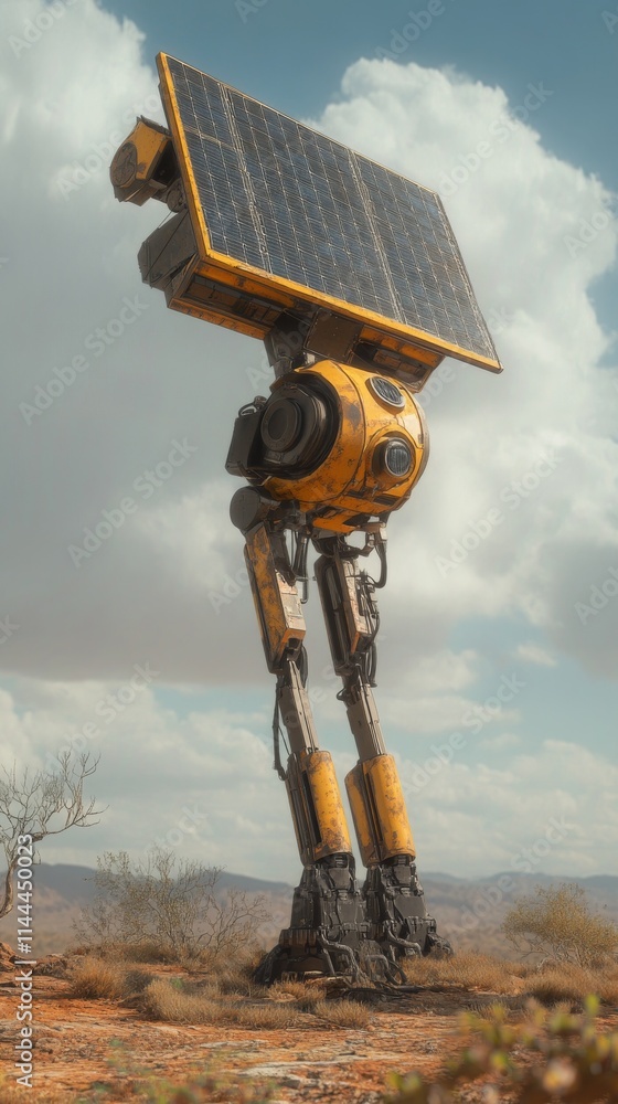 Poster solar-powered robot with tall mechanical legs standing against a bright desert backdrop, representin