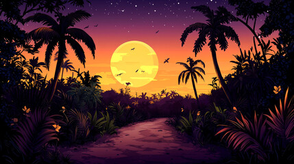 Fototapeta premium Tropical sunset, path through lush jungle.