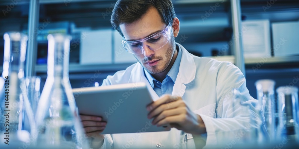 Poster man in lab coat working at table with papers and electronic device, indicating focus on scientific r