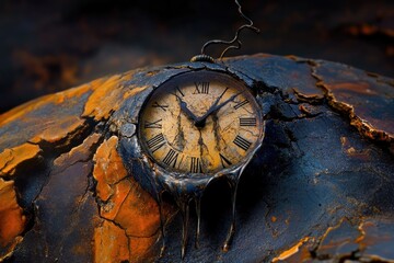 Melting clock on a cracked, dark surface, symbolizing the passage of time and decay.