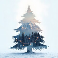 Creative Modern Double Exposure Background tree bulbs snow mountains lights Christmas Greeting