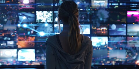 A person focused on a multi-screen digital interface, possibly managing media or monitoring data in real time.