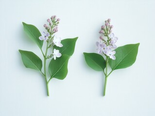 two sprigs of lilac with light purple flowers and green leaves on a white background