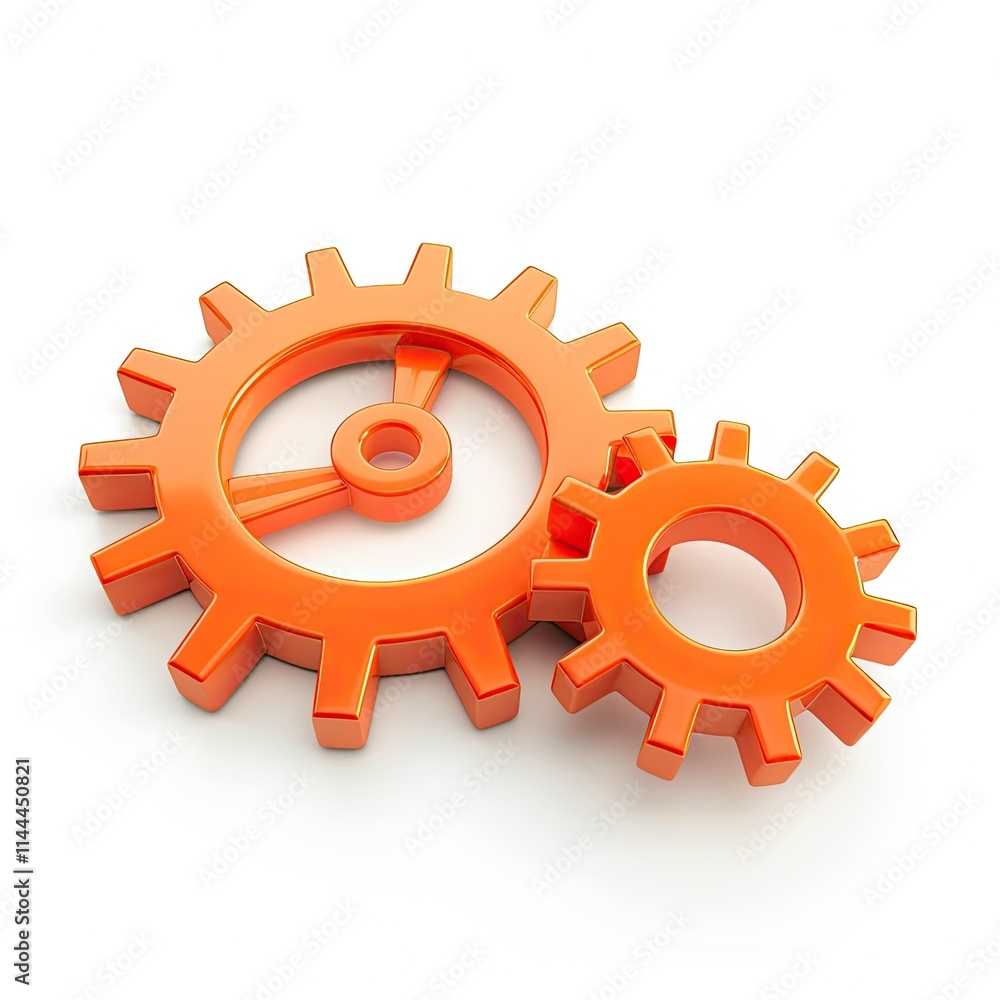 Poster two interlocking orange gears symbolizing mechanics and engineering concepts. isolated on white back