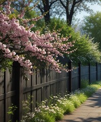 Cherry blossoms in full bloom against a dark wooden fence with lush green foliage, blossomed branches, blossoming, cherry blossom