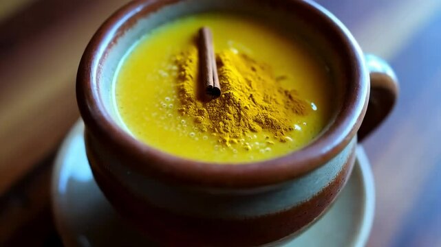 Golden milk with a sprinkle of turmeric powder on the surface, set in a rustic cup with a cinnamon stick resting on the rim
