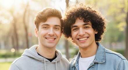 Obraz premium Diversity and friendship concept with young caucasian and hispanic males in outdoor setting for social media and campaigns
