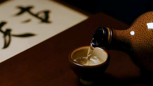 Ceramic sake bottle pouring into a small cup on a dark, minimalist surface with Japanese calligraphy brush strokes in the background

