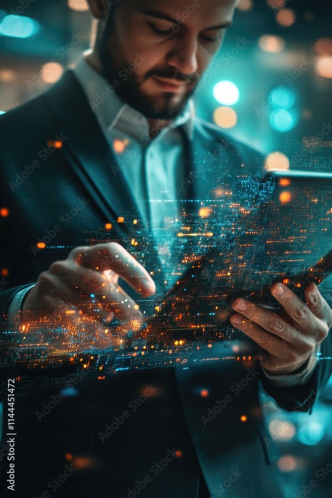 Aufkleber a man in a suit working with modern, advanced technology. he has data flowing around him and is hold