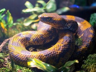 Obraz premium Snake coiled up with vibrant scales, soft lighting, sleek terrarium setup