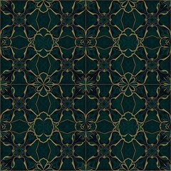 Obraz premium Emerald Green and Gold Ornate Pattern: A seamless, intricate pattern in shades of emerald green and gold. The design features repeating floral motifs and geometric elements. 
