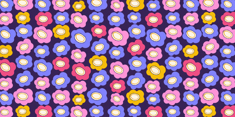 Simple Floral Seamless Pattern with Colorful Doodle Spring Flowers. Cartoon stylized summer plants in hand drawn style. Sweet nature design for textile, fashion fabric, home decor, wall art, cards