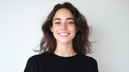 Fototapeta premium Young woman smiles confidently in casual attire against a simple background