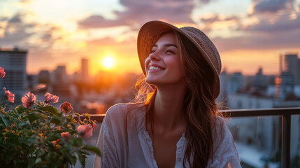 Fototapeta premium Carefree young woman enjoying sunset on city balcony