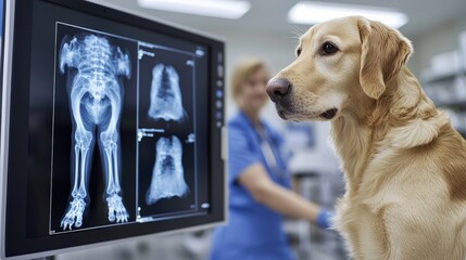 Veterinary examination of a dog with x-ray imaging animal hospital medical procedure clinical environment close-up view pet health
