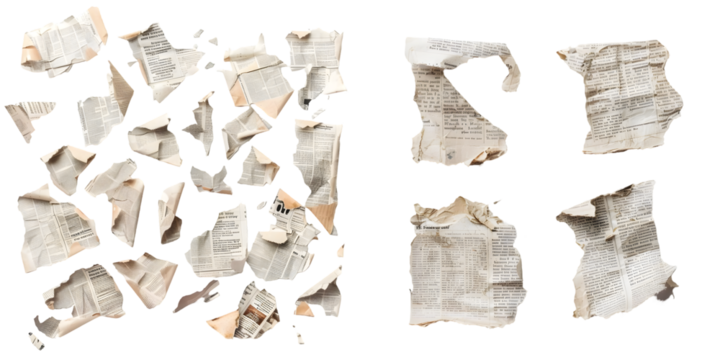 Small pieces of glued torn Newspaper. Generative AI.