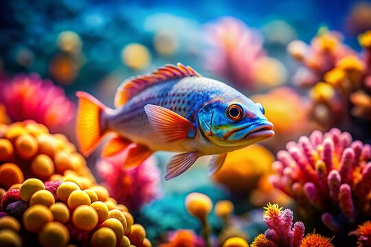 Tilt-Shift Jewfish Photography: Underwater Macro Closeup, Miniature World, Shallow Depth of Field, Vibrant Coral Reef