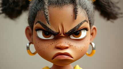 Girl, Angry, stressed mad African 3D cartoon character