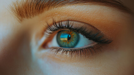 Obraz premium Close-up of woman's eye with vibrant colored iris and lashes