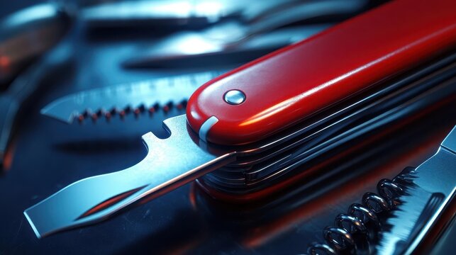 Swiss army knife with vibrant tools, sleek design, soft lighting