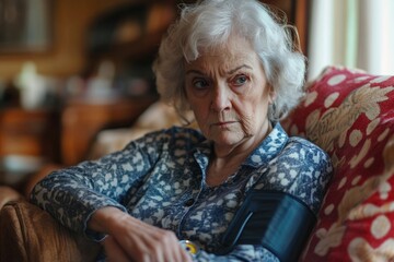 An elderly woman sits on a couch, lost in thought or perhaps reminiscing about the past.