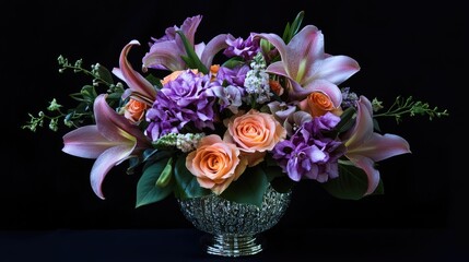 Fototapeta premium Elegant floral arrangement with lilies, roses, and purple hues