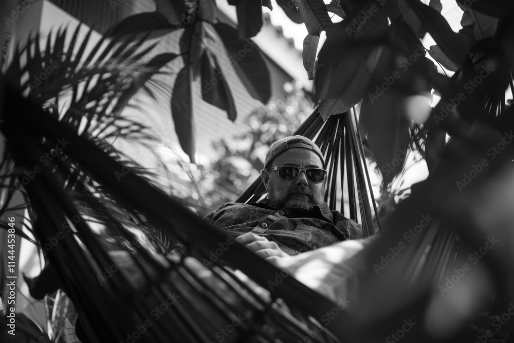 Poster man is relaxing in a hammock under a tree. the hammock is black and white
