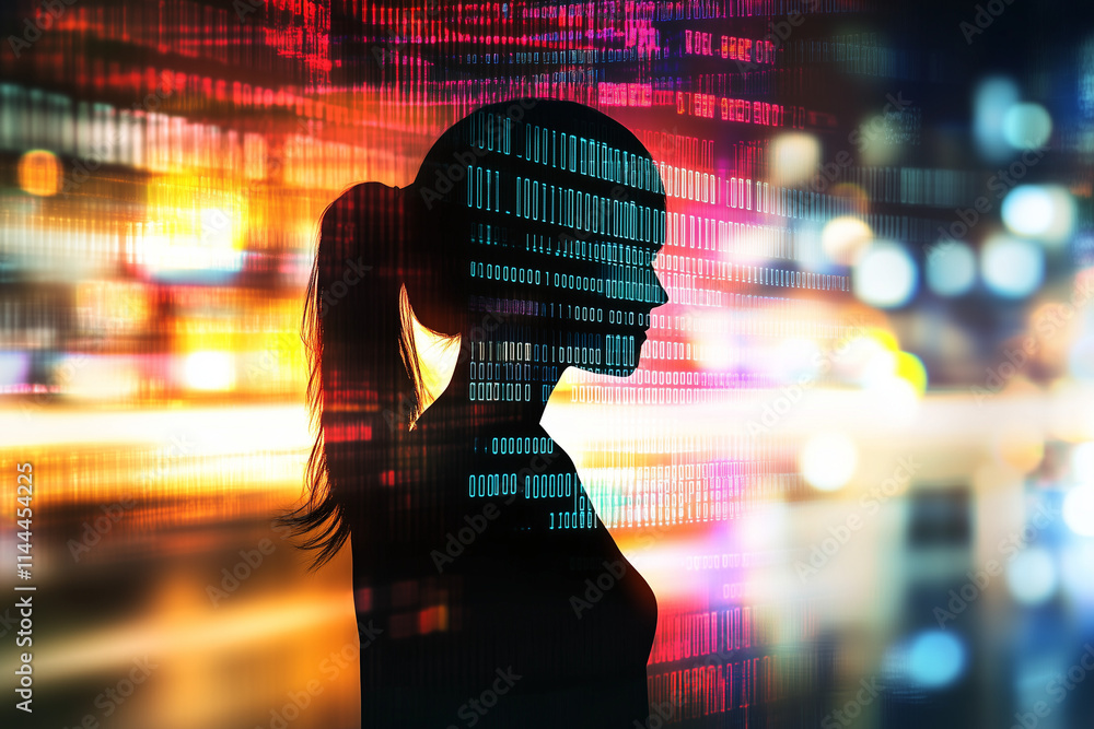 Poster a lady’s silhouette infused with digital holograms, glowing binary code, and high-tech grids in doub
