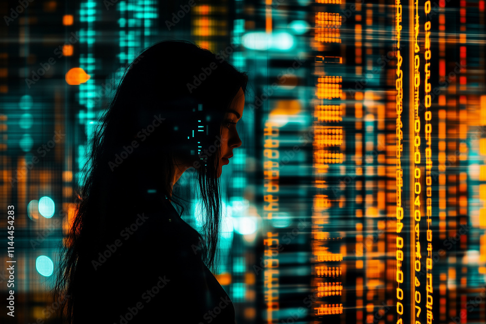 Poster a lady’s silhouette infused with digital holograms, glowing binary code, and high-tech grids in doub