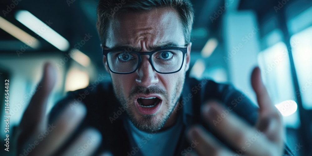 Poster man with glasses and a beard is looking at the camera with his hands raised in the air. he is angry 