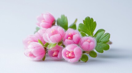 Fototapeta premium A delicate cluster of small pink flower buds with green leaves isolated on a light grey background.
