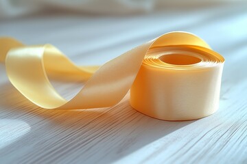 A soft, glossy yellow ribbon rests elegantly on a white wooden surface.