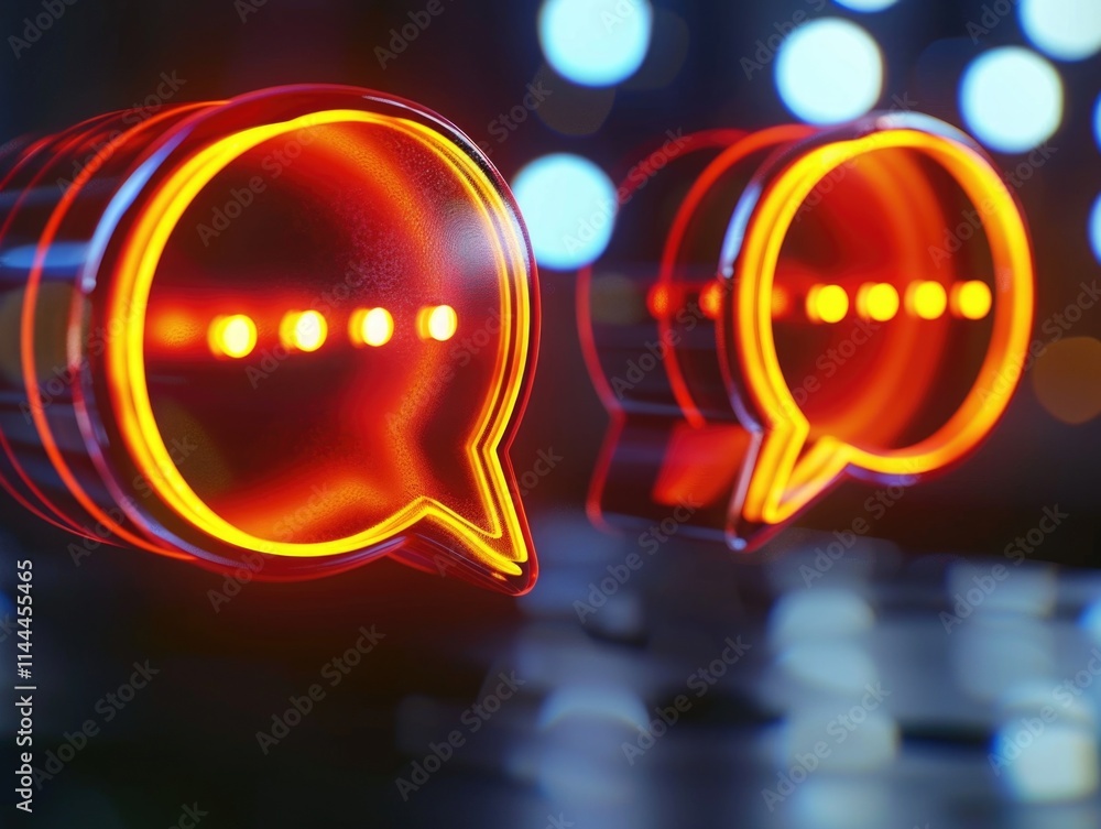 Poster digital speech bubbles with glowing emojis overlaid on each other, representing online communication